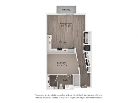 Floor plan for 1 bed, 1 bath, 658 sqft